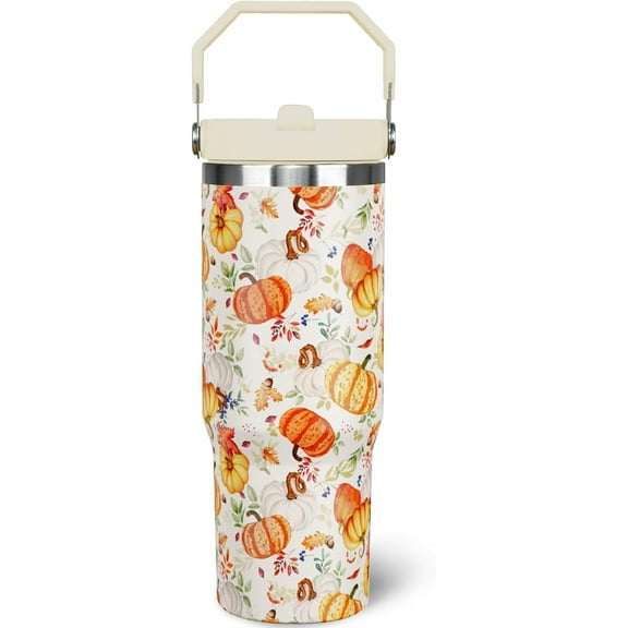30 oz Fall Tumbler with Handle and Straw, Pumpkin Stainless Steel Vacuum Insulated Travel Coffee Mug Cup Water Bottle, Autumn Thanksgiving Day Decor Stuff Gifts for Women