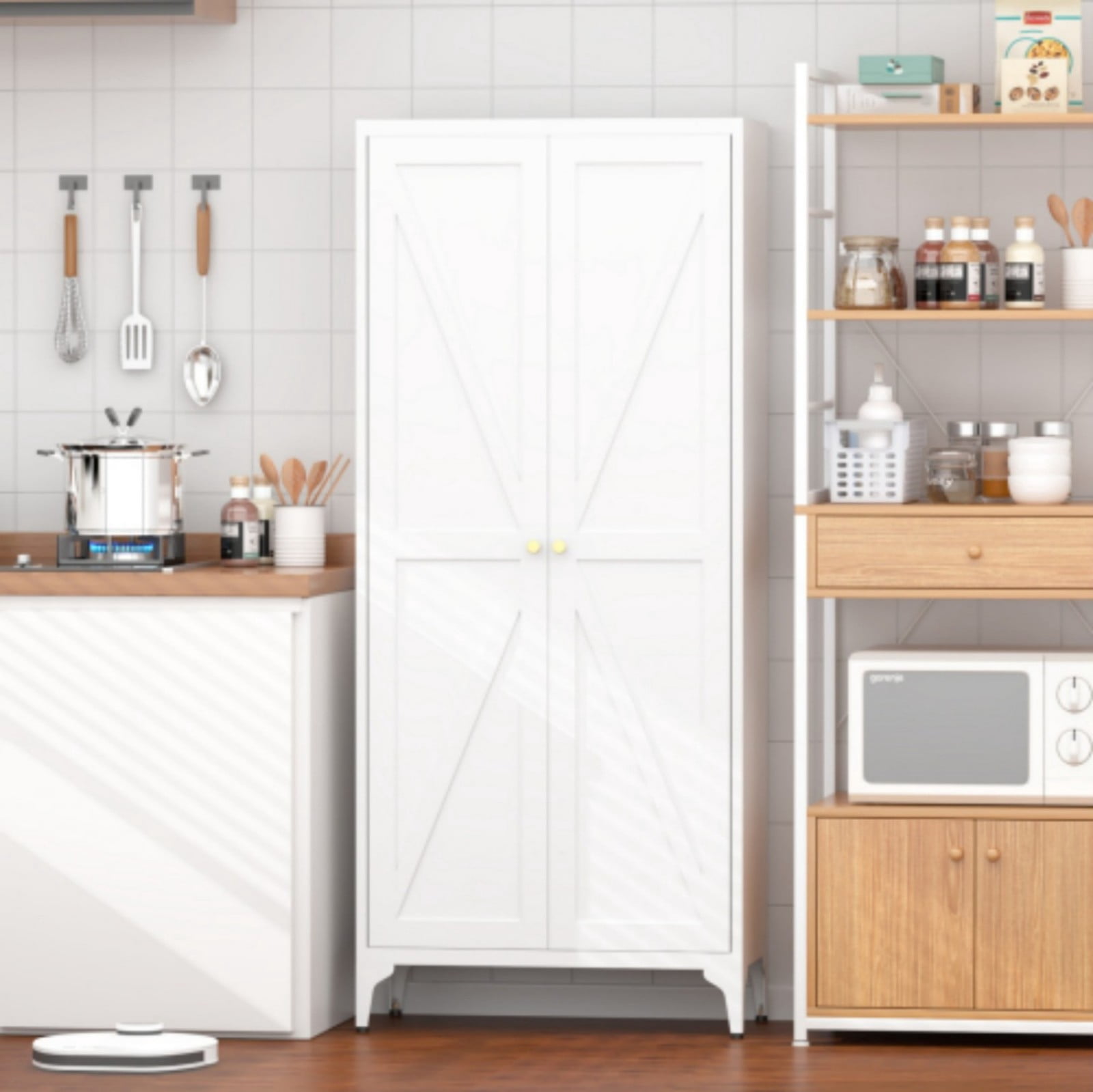 65" H Metal Storage Cabinet, 2-Door Steel Pantry Cabinet with Adjustable Shelves, Freestanding Kitchen Storage Cabinet for Living Room, Bedroom, Office, White