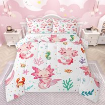 Feelyou Cute Pink Axolotl Bedding Comforter Set for Child, Cartoon Seahorse Crab Twin Comforter Sets, Dreamy Animal Reversible Bedding Set, Super Cozy Room Decor, 2pcs