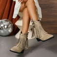 thumbnail image 5 of Xfvqtps Womens Ankle Booties Western Style Round Toe Chunky Mid Heel Flatform Sole Tassel Buckle Detail Casual Winter Boots Khaki, 5 of 9