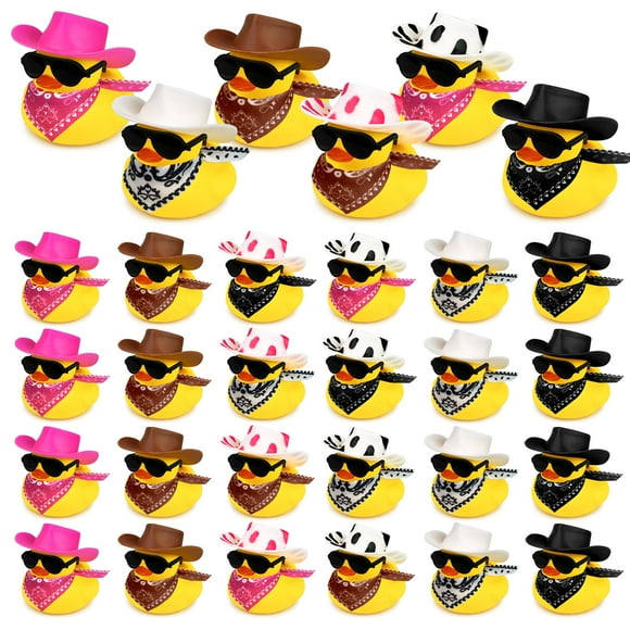24 juegos de patos de goma de vaquero disco con bufanda, sombrero y gafas de sol, mini juguetes de pato de baño para cumpleaños, fiesta de natación, regalo, decoraciones