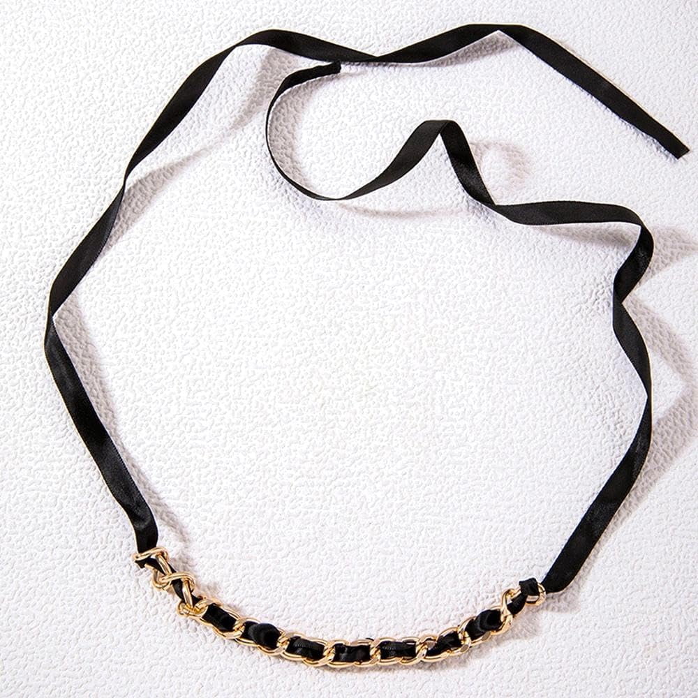 Black Long Ribbon Bow Choker Necklace for Women,Chunky Long Fabric Chain Lace Up Necklace Unique Neck Jewelry