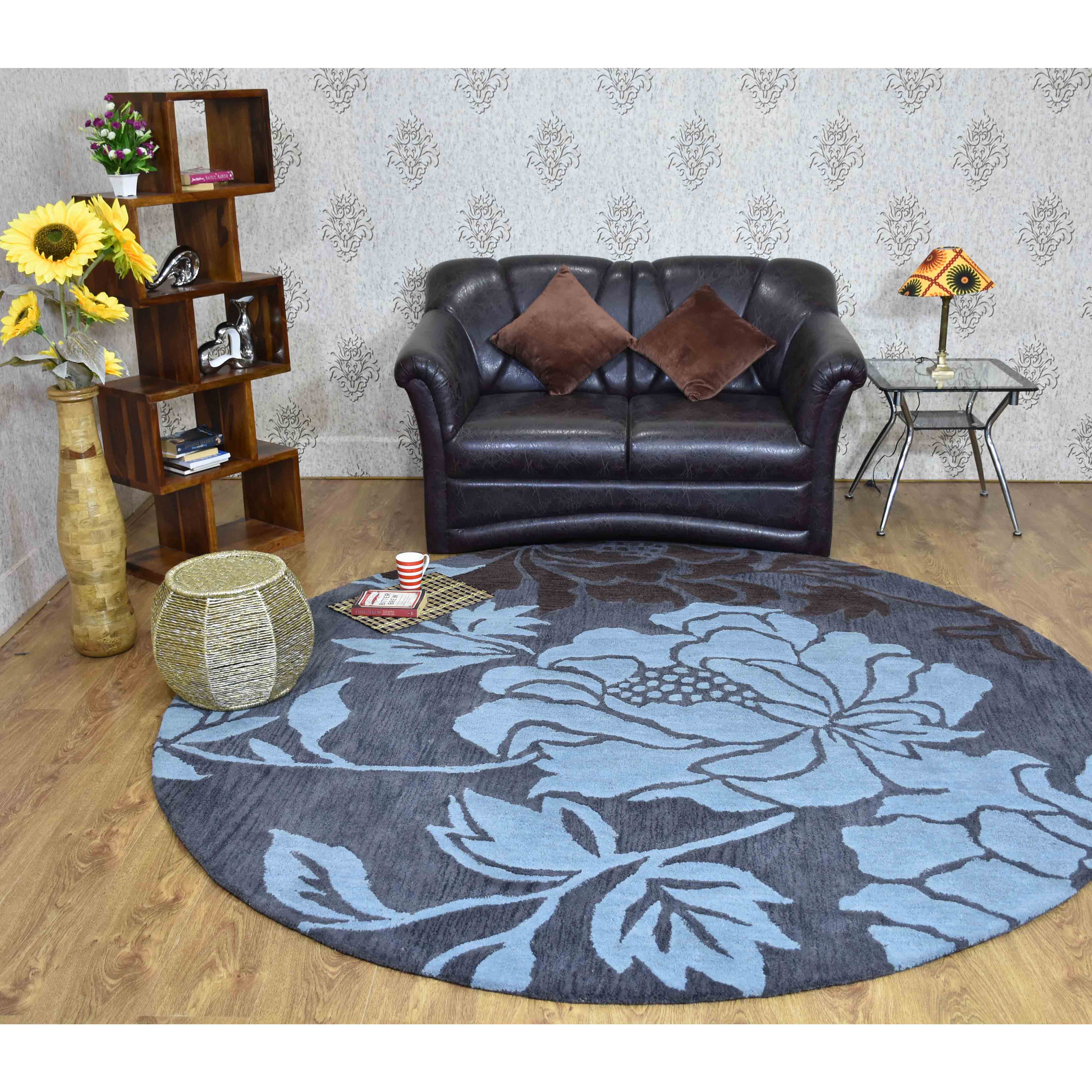 Rugsotic Carpets Hand Tufted Wool 6'x6' Round Area Rug Floral Gray Blue