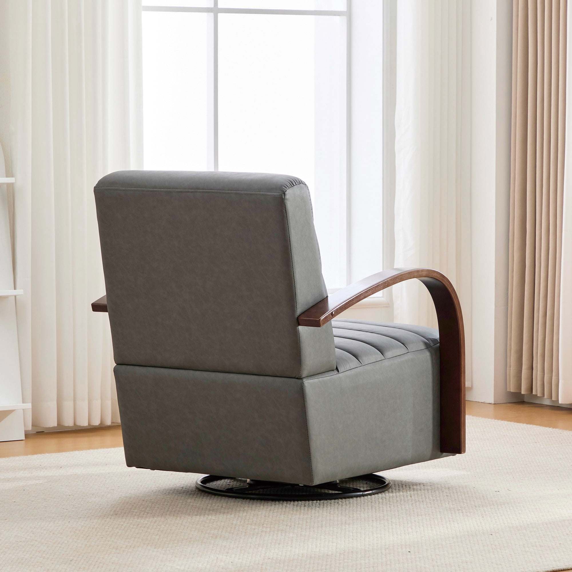 360° Swivel Accent Chair with Solid Wood Armrests,30.7"W PU Lounge Reading Chair Single Sofa Armchair for Bedroom Living Room Office,Gray
