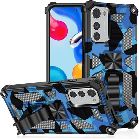 Camouflage Magnetic Kickstand Case for Motorola Moto E32, Military Grade Heavy Duty Shockproof Protection Army Camo Phone Cover Case for Motorola Moto E32S/E32 MC Dark Blue