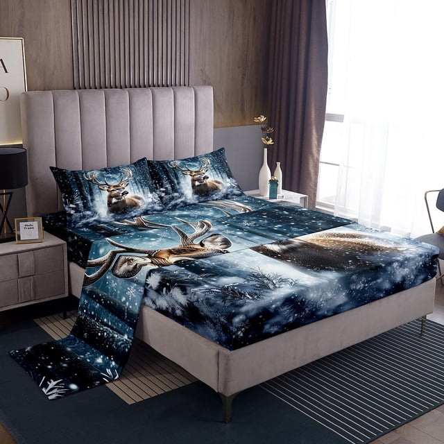 Erosebridal Hunting Deer Moose Sheet Set Full, Jungle Animal Bedding Full Size, Luxurious, Microfiber 4 Pieces