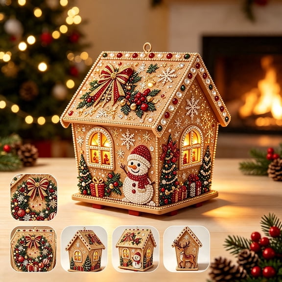 Liamobondopolis 3D Wooden House christmas Pear Diamond Art Kit 5.7 Inch Diamond Painting Santa Reindeer Hanging Ornament DIY Craft with Frame for Home Wall Decor
