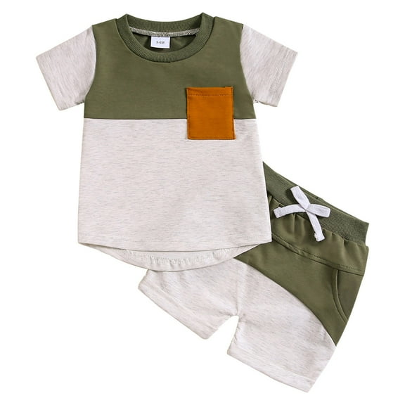 Fsqjgq Baby Boys Summer Clothes Toddler Boy Outfits Sets Color Block Pockets Short Sleeve Tshirt Drawstring Shorts Kids Cotton Clothing Sets