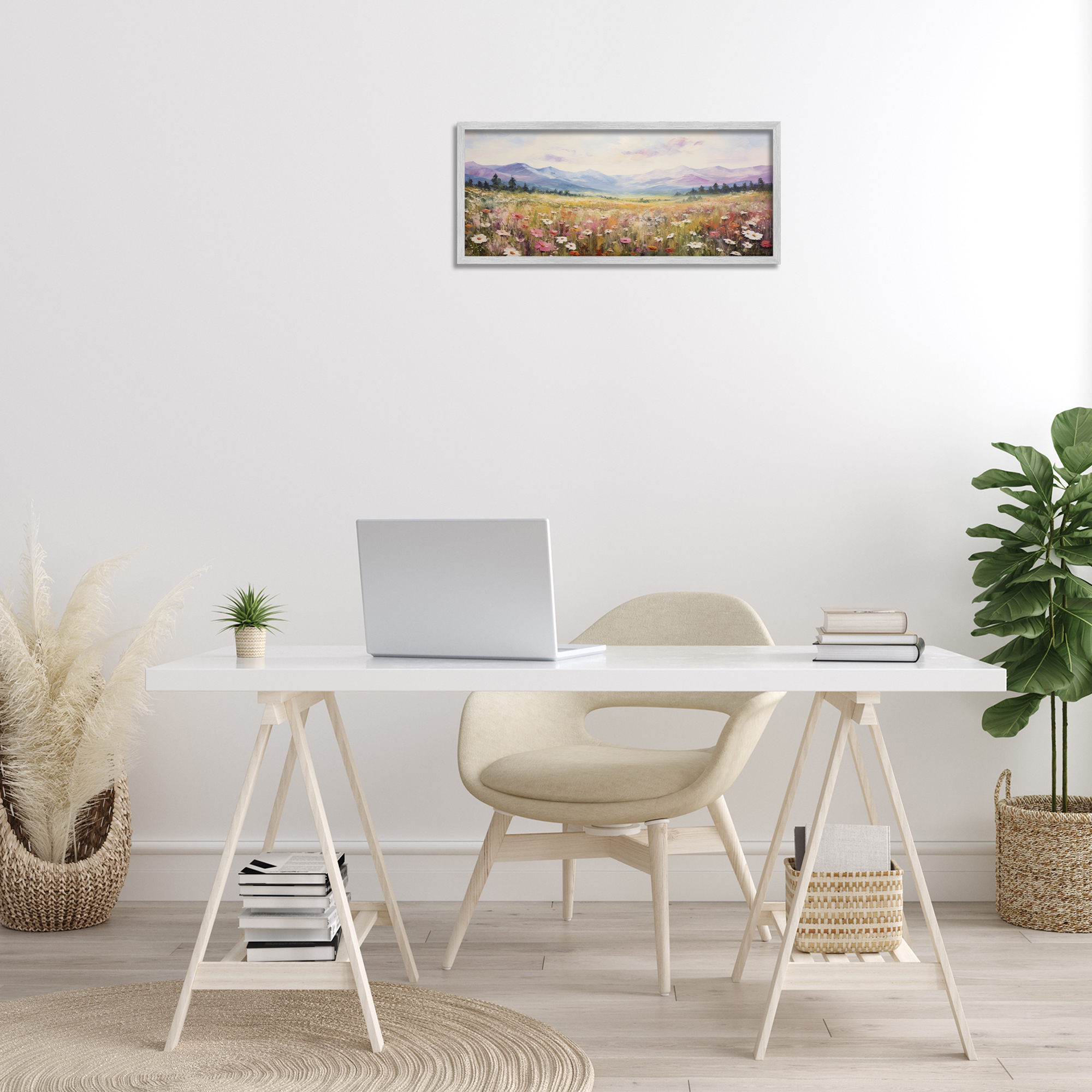 Stupell Industries Mountainous Daisy Meadow Landscape Painting Gray Framed Art Print Wall Art, 24 x 10