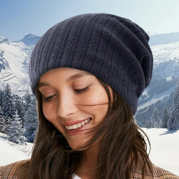 Fall Long Sleeve Beanie Hats for Unisex Blue Headwear Womens Winter Hat Warm Chunky Cable Knit Soft Stretch Thick Cute Knitted Cap Cold Weather