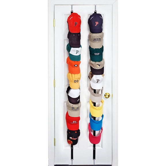Over-the-door hat rack and organizer | baseball cap rack | over the door hat rack | hat rack for door | two straps | holds up to 18 caps | black