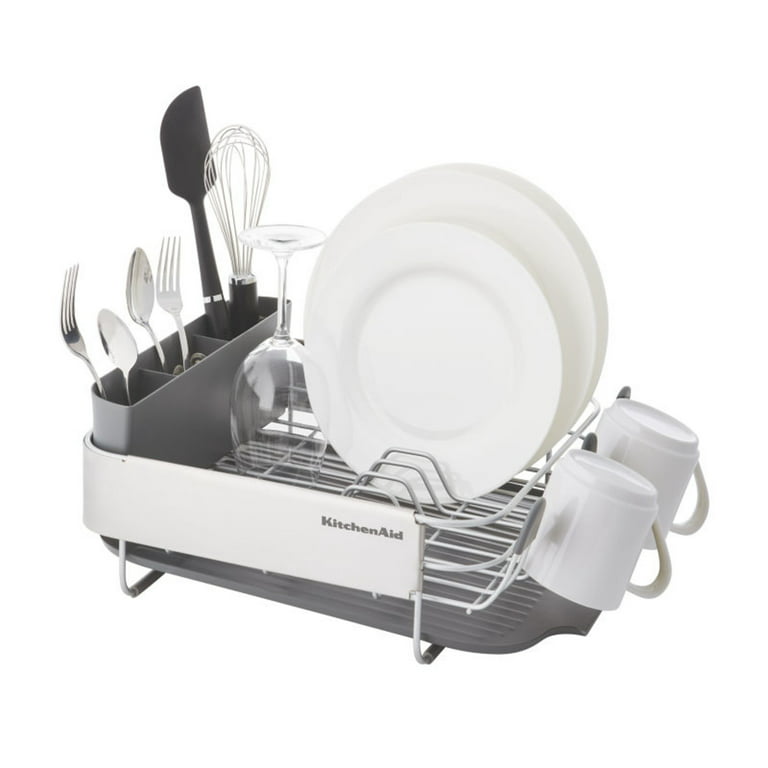 KitchenAid Full Size Compact to Full Capactiy Expandable Rust Resistant  Dish Rack, with Self Draining Angled Drainboard and Removable Flatware  Caddy
