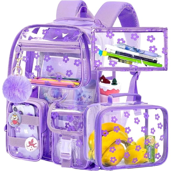 3Pcs Clear Backpack for Girls, School Transparent Bookbag, Heavy Duty See Through Backpacks for Teens Elementary