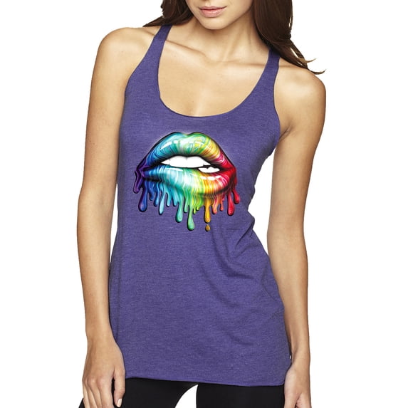 Wild Bobby, Colorful Neon Rainbow Biting Lips, Pop Culture, Women Tri-Blend Racerback Tank Top, Purple Rush, Medium