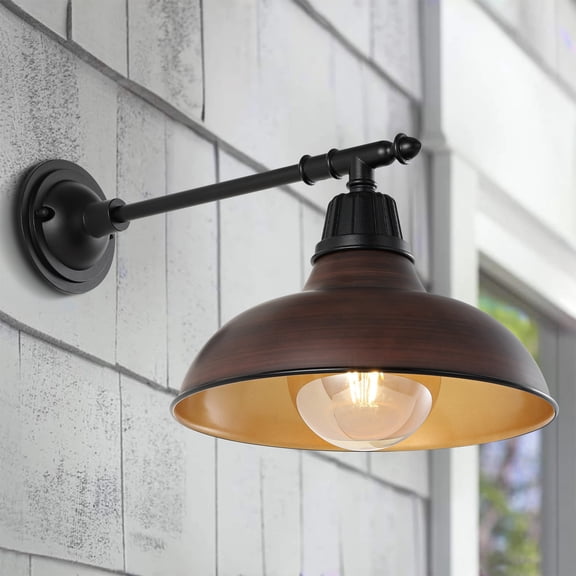JONATHAN Y Wallace 12.25" 1-Light Farmhouse Industrial Indoor/Outdoor Iron LED Victorian Arm Outdoor Sconce, Wood Finish/Copper