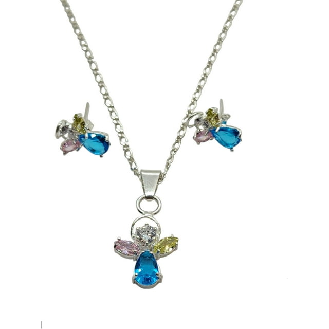 Collar de angel azul zirconias y aretes de plata