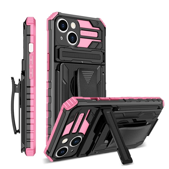 TECH CIRCLE for iPhone 12 6.1 Inch Heavy Duty Case, Rugged Hybrid Case with Built-in Kickstand Rotating Belt Clip Non-Slip Shockproof Case for iPhone 12,Pink