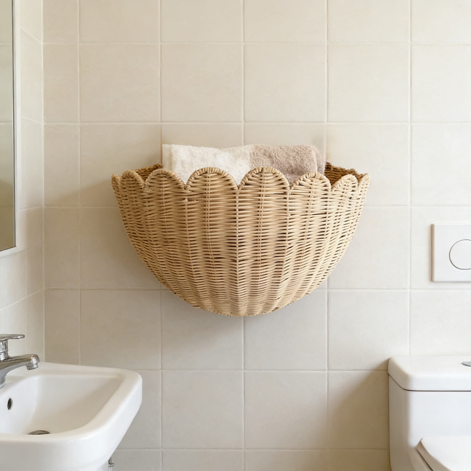 Rustic Wall Decor Scalloped Wicker Basket Original Hand Woven Hanging Storage