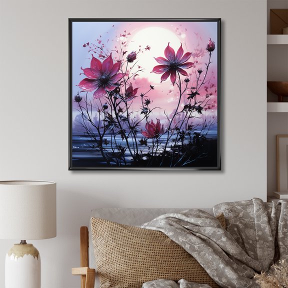 Designart "Glowing Twilight Poppies in Blue and Pink Meadow I" Floral Framed Wall Art - Pink Poppies Living Room Framed Canvas Art