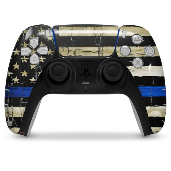 WraptorSkinz Skin Wrap compatible with the Sony PS5 DualSense Controller Painted Faded Cracked Blue Line Stripe USA American Flag (CONTROLLER NOT INCLUDED)