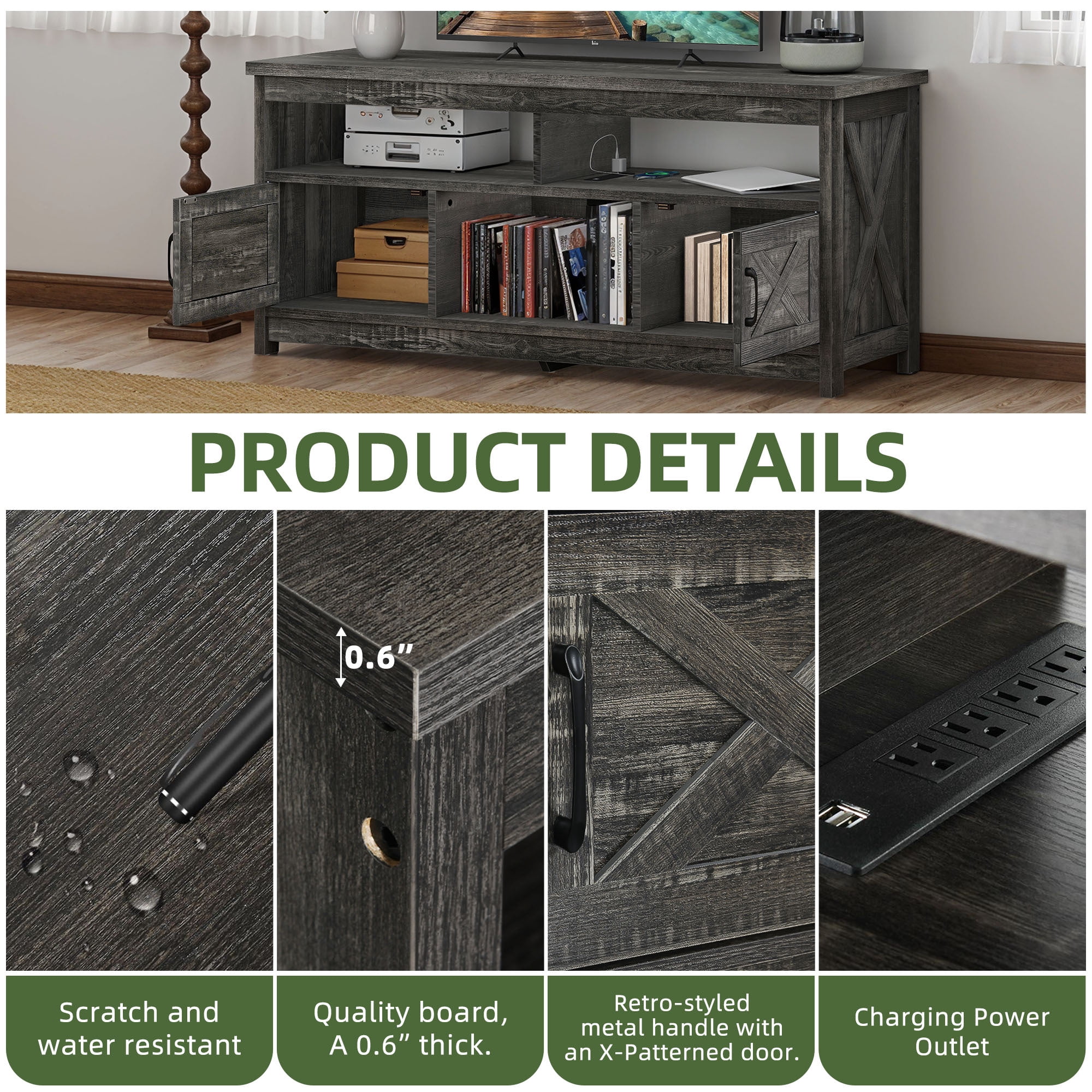 Uforic 59 Inch Rustic TV Cabinet Fits 55/65 Inch TVs, with Side X-Brace Decor, Built-in Charging Station & Partitioned Open Storage Shelves, Home Living Room, Dark Gray