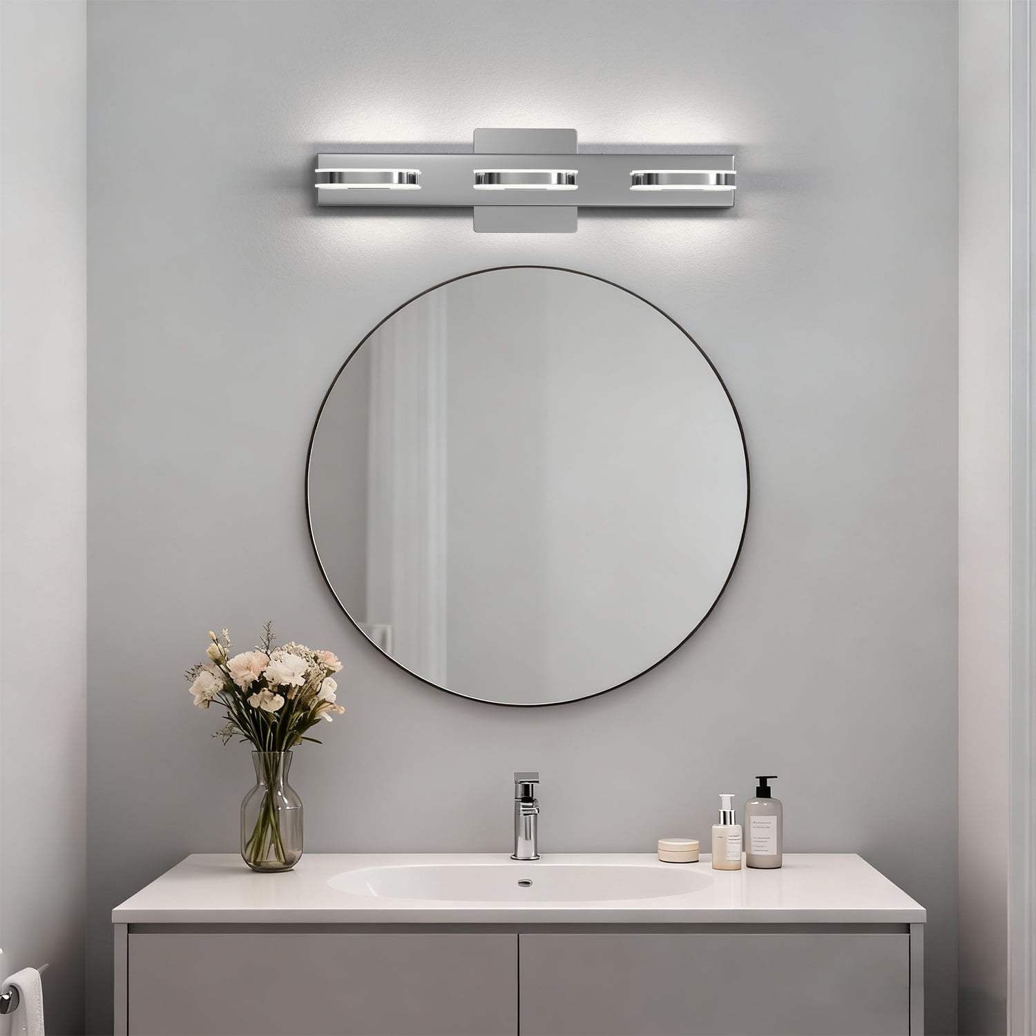 YANSUN 18.9" Chrome  Bathroom Light Fixture, 3-Light Vanity Mirror Light with Up/Down Lighting, 15W LED 6000K Daylight for Bathroom, Makeup Vanity