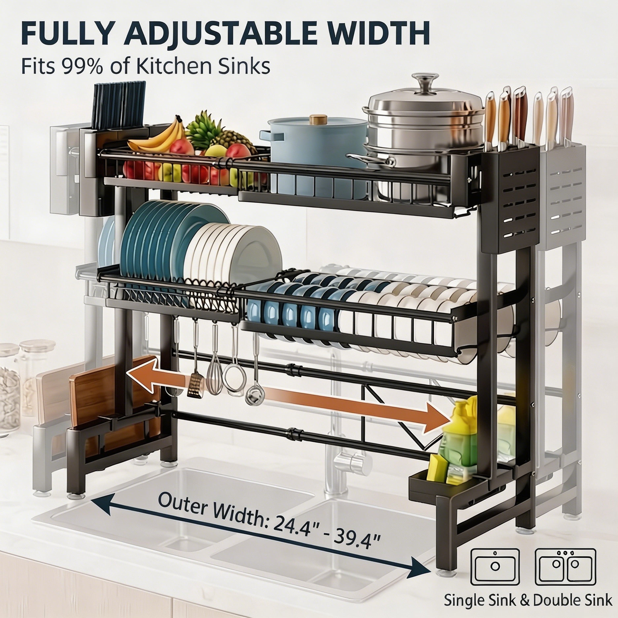 Expandable Over the Sink Dish Drying Rack, 2-Tier Adjustable Kitchen Counter Organizer (24.4-39.4in), Large Dish Drainer with Utensil Holder & Cutting Board Rack, Anti-Rust Black