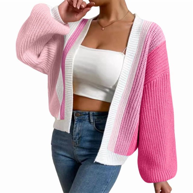 Women'S Color Block Open Front Long Sleeve Ribbed Knit Cropped Cardigan Sweaters Rose Red M