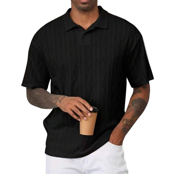 Men's Polo Shirt Knit Textured Stretchy Casual Short Sleeve Collared Button Split Loose Fit Summer Golf Shirts,XL