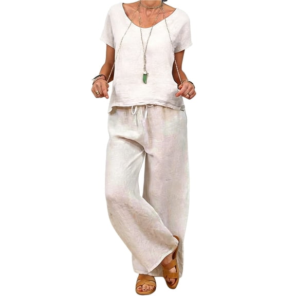 IWRICH 2 Piece Outfits for Women Half Sleeve Linen Sets Crew Neck Tops Wide Leg Pants Set Plus Size Summer Matching Suits White XL