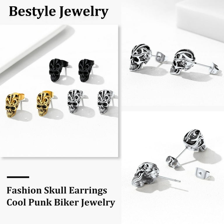 Bestyle Men's Gothic Skull Stud Earrings, Stainless Steel