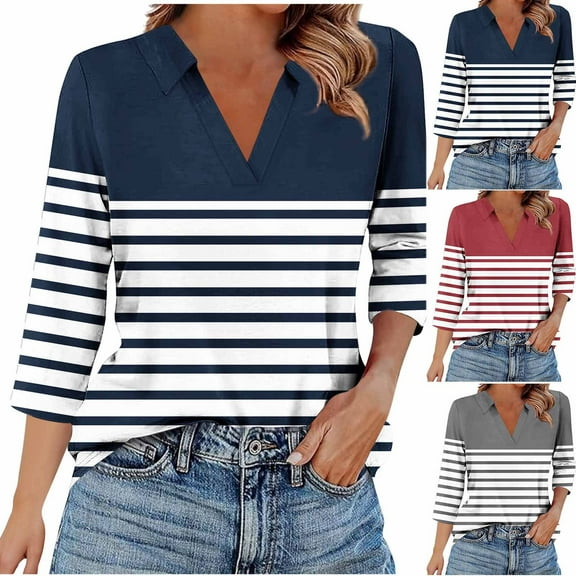 RongHuan 3/4 Length Sleeve Womens Tops V Neck Shirts for Women Fashion Color Block Striped T-Shirt