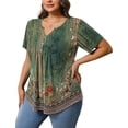 thumbnail image 3 of Womens Plus Size Tunic Tops Summer Short Sleeve V Neck Floral Blouse Casual Loose Fit Pleated Button Down Dressy T Shirts for Work, Travel & Everyday Wear, 3 of 6