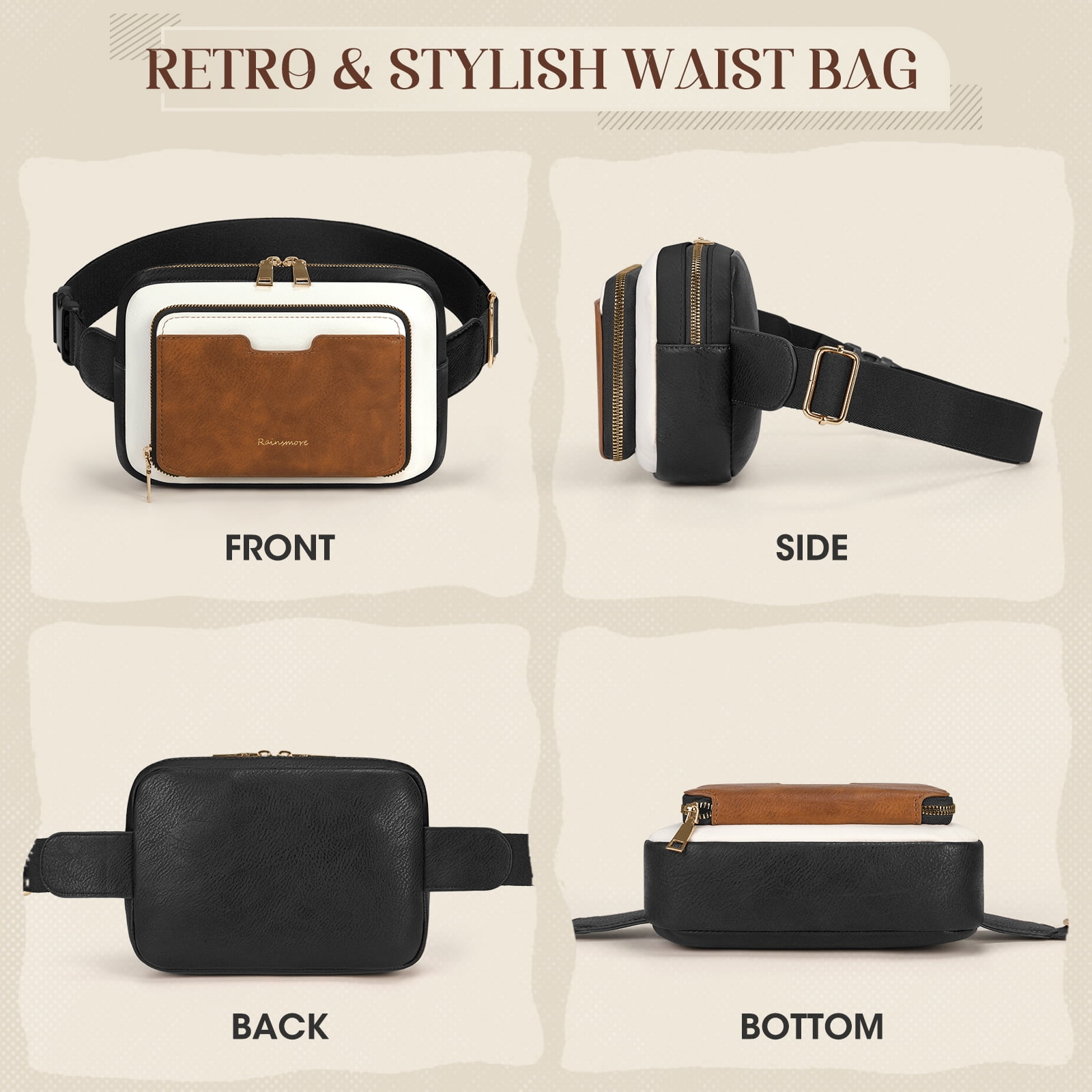 RAINSMORE Fanny Packs for Women, Leather Belt Bag Waterproof Everywhere Crossbody Waist Pack with Adjustable Strap Retro Sling Chest Bag for Work Running Travel Party,Black&Brown&White