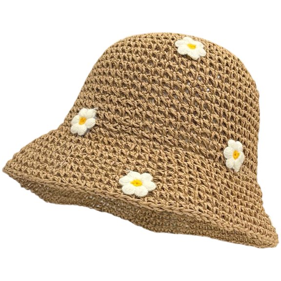 vlrwzc Flower Decor Straw Woven Bucket Hat Summer Sun Shade Fisherman Cap