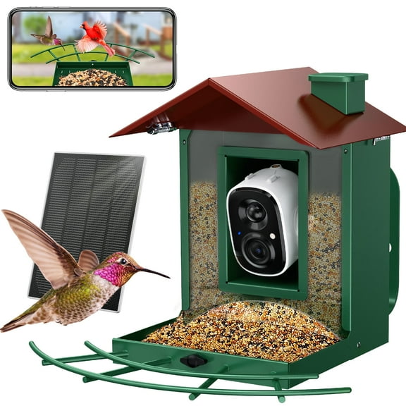 Solar Metal Smart Bird Feeder with Camera, AI Identify Video Wild Bird Box for Outdoor - Green