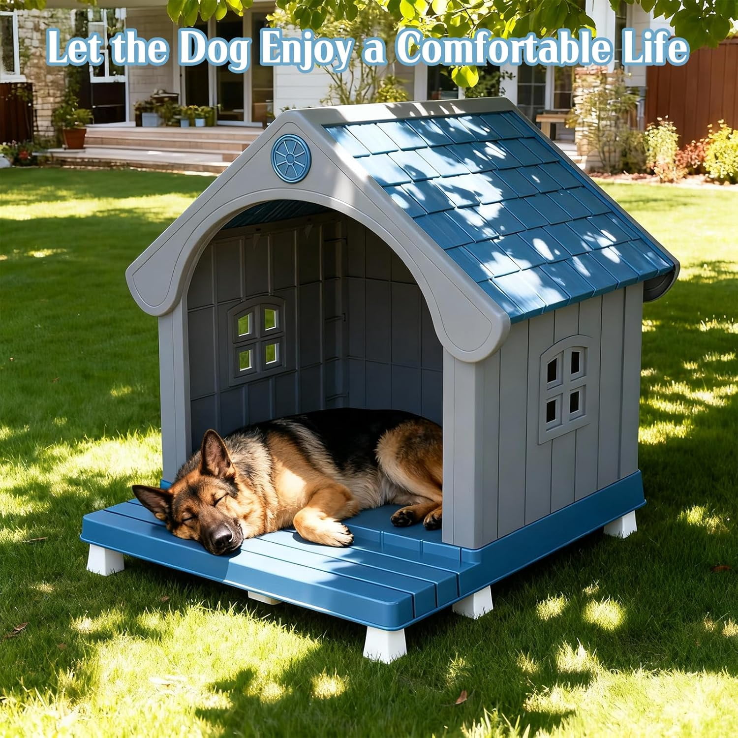 VIXZEN Large Dog House Outdoor, Plastic Weatherproof Dog House Outdoor with Elevated Floor Open Front Easy Clean & Assemble Dog Houses for Large Dogs Outside (Blue Gray)