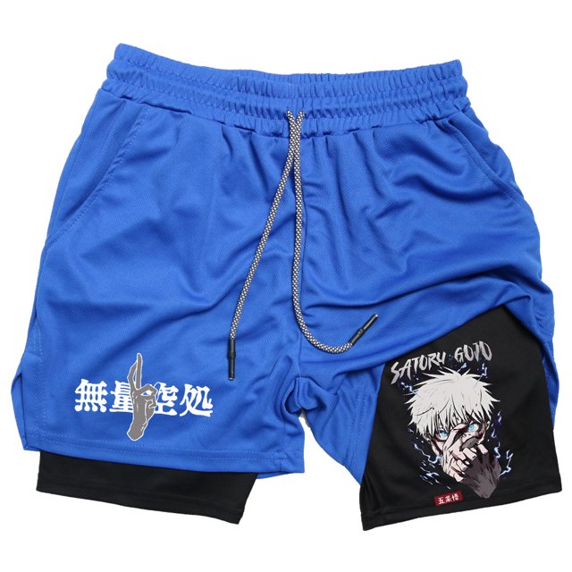 Pantalones cortos deportivos con estampado de Anime para hombre, Shorts deportivos informales para gimnasio, entrenamiento atlético, malla para correr, 2 en 1