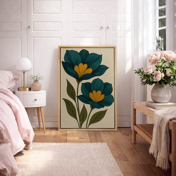 Framed Canvas Print Abstract Flower Wall Art Modern Botanical Decorative for Living Room Bedroom - 16"x24" NATURAL