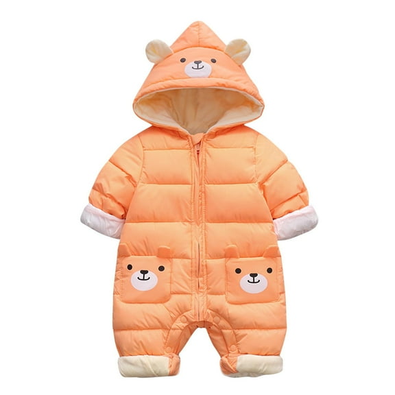 WRKEKC Infant Puffer Romper Bear Print Hooded Zipper Front Windproof Thickened Warm Snug Fitting Fall Winter Jumpsuit for Boys and Girls 0-18 Months