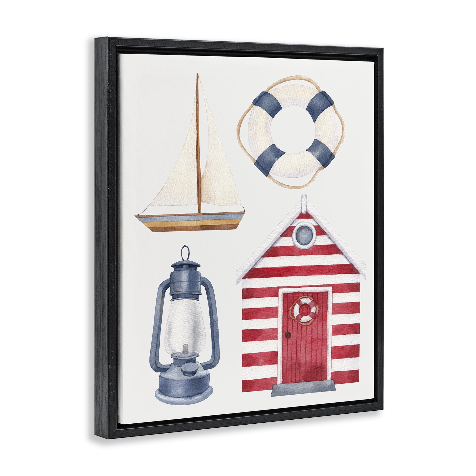 Stupell Industries Maritime Beach Items Nautical & Beach Painting Black Floater Framed Canvas Art Print Wall Art, 17 x 21