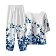 thumbnail image 5 of ICHUANYI ClearanceWomen's Summer Printed Short Sleeve Half Sleeve Round Neck Cropped Top + Casual Pants Suit Set Two Piece Lounge Set(Blue, S) ICHUANYI WER20232080505290, 5 of 5