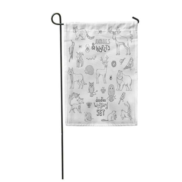 NUDECOR Doodles Woodland of and Insects Cute Outlined Mammals Birds Moose Bear Garden Flag Decorative Flag House Banner 12x18 inch