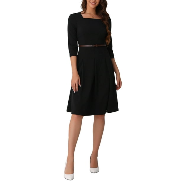 INSPIRE CHIC Vestido Midi de Iglesia Elegante con Cuello Cuadrado y Manga 3/4 con Cinturón y Pliegues para Mujeres Talla XS Negro