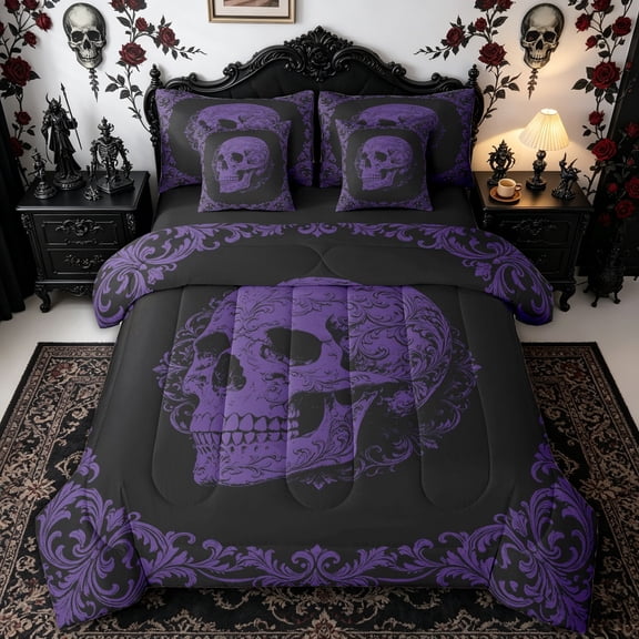Homewish Baroque Antique Skull Twin Bedding for Kids, Lavender Mandala Floral Bedding Comforter Set, Black Reversible, 7pcs