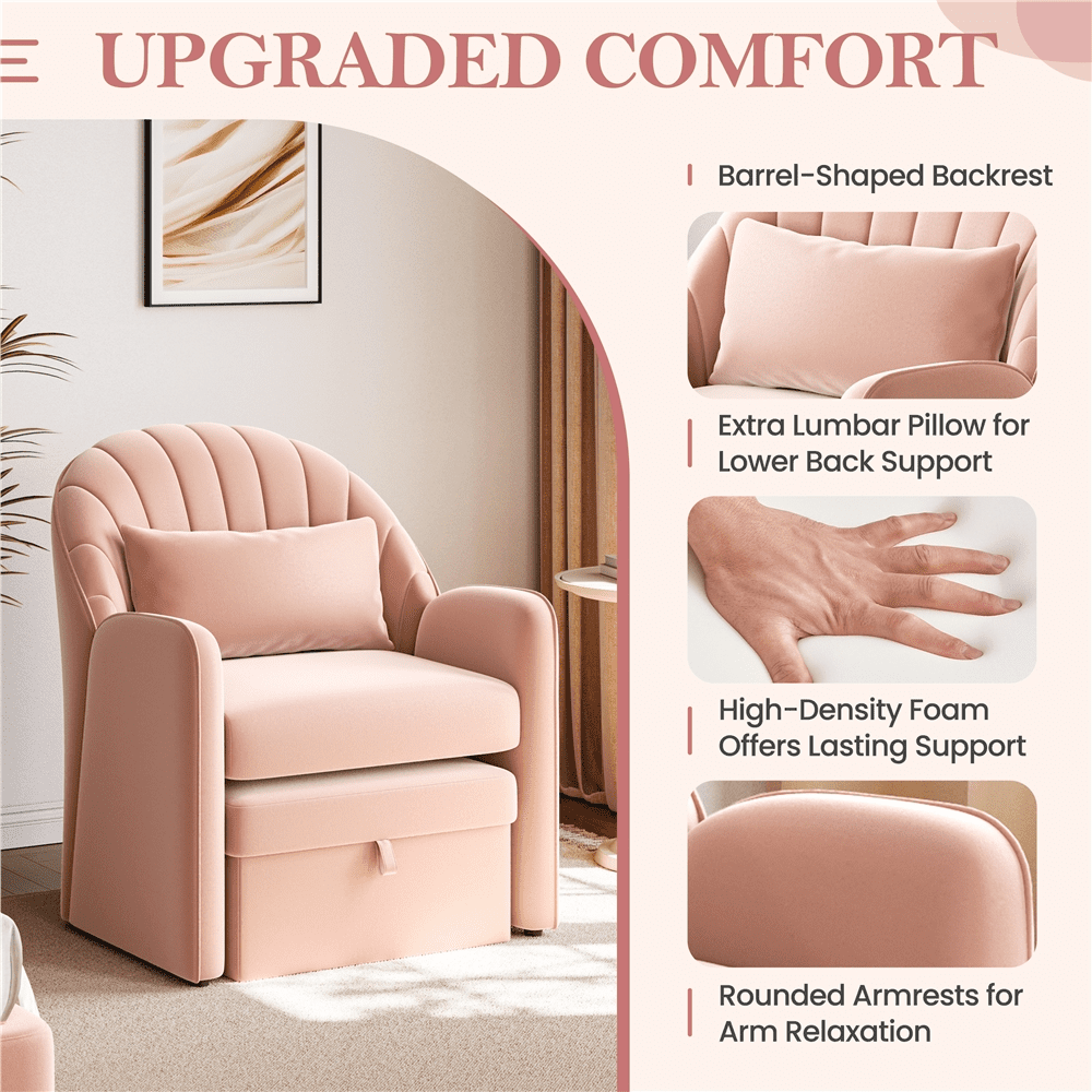 Renwick Upholstered Velvet Barrel Accent Chair with Footrest, Pink