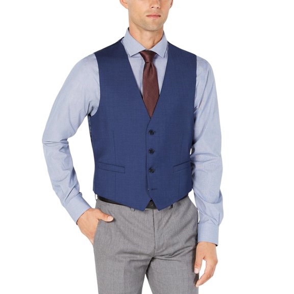 Calvin Klein Mens Slim fit Button-Up Suit Vest Small Mid Blue Solid Stretch Wool