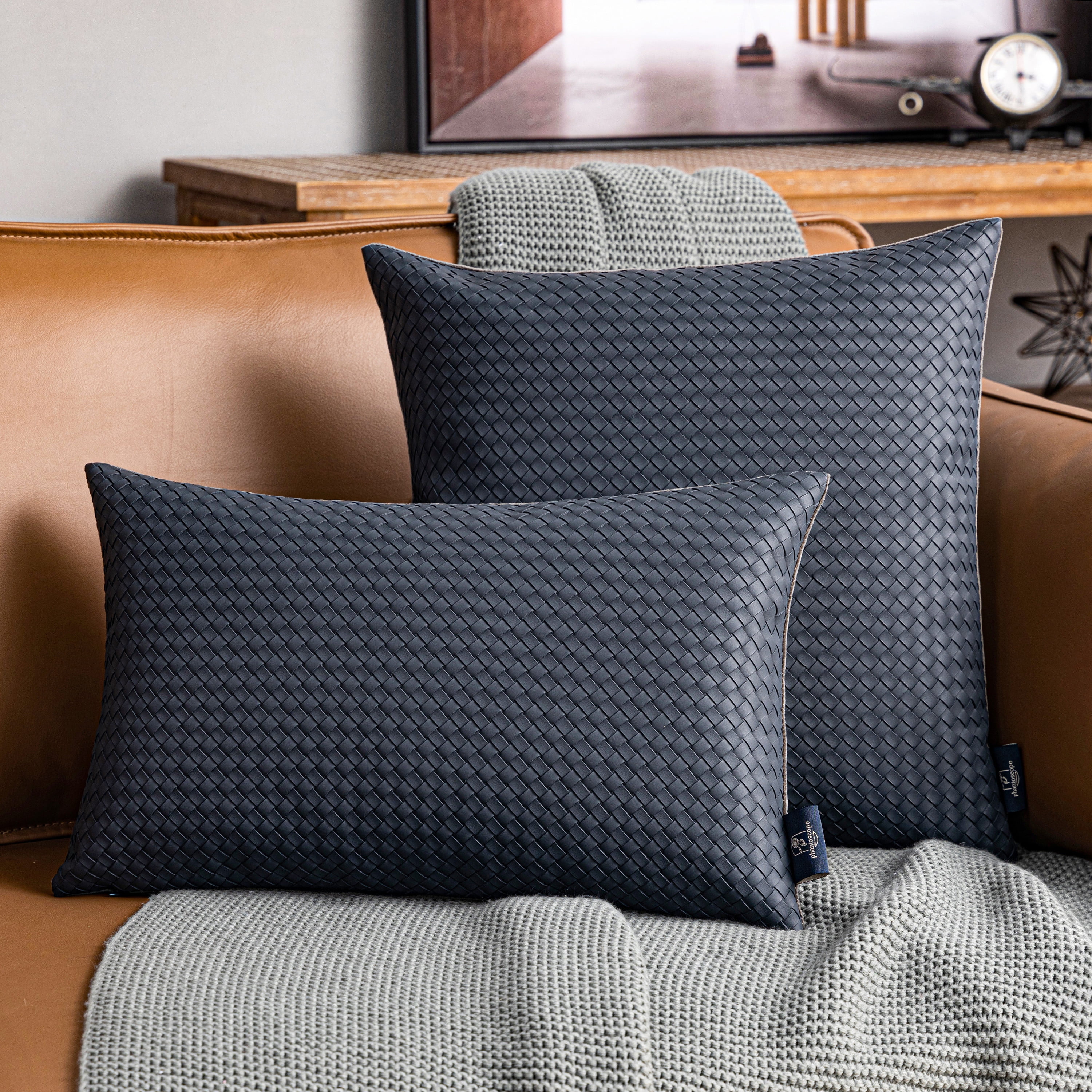 Phantoscope Modern Faux Leather Woven Square Cusion Solid Accent Decorative Throw Pillow for Couch, 12" x 20", Dark Gray, 2 Pack