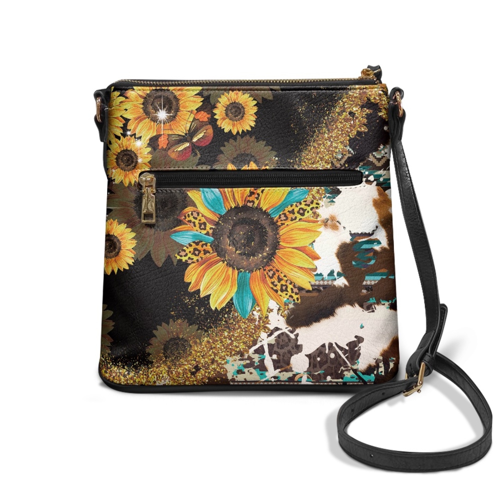 LedBack Sunflower Cow Print Leather Hobo Purse Crossbody Satchel Bag Sling Shoulder Purse with Adjustable Strap, Zipper Cross Body Messenger Bag for Travel Shopping Work, Brown