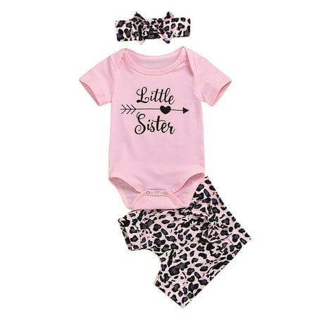 

Baby Girls Outfits Little Sister Romper Leopard Shorts Pants Headband Spring Summer Clothes Set 18-24 Months